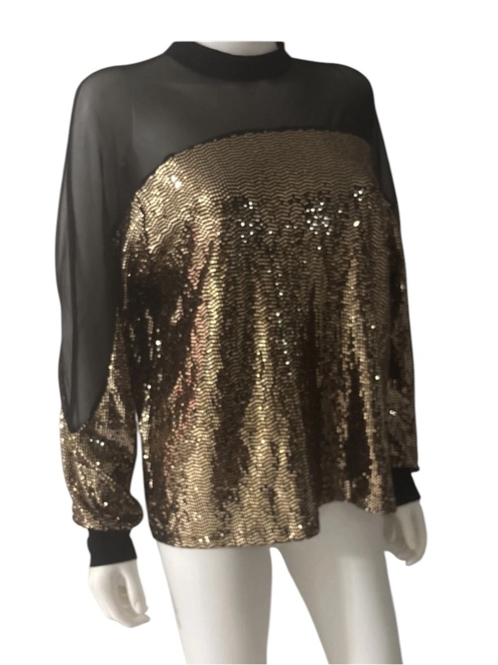 Nine West Women Black Semi
Sheer With Gold Glitter Long Sleeve
Top SZ Small